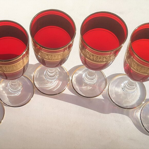 VTG Wine/Sherry Cordial Glasses Ruby Red Gilded with Clear Stem 1950s Set of 6 - Picture 9 of 12